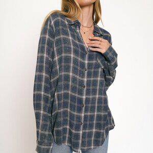 MYSTREE Blue Plaid Button Down Shirt Long Sleeve Oversized Casual Top